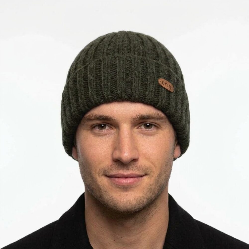 Men's Wool Turn-Up Beanie Cap - Dark Green