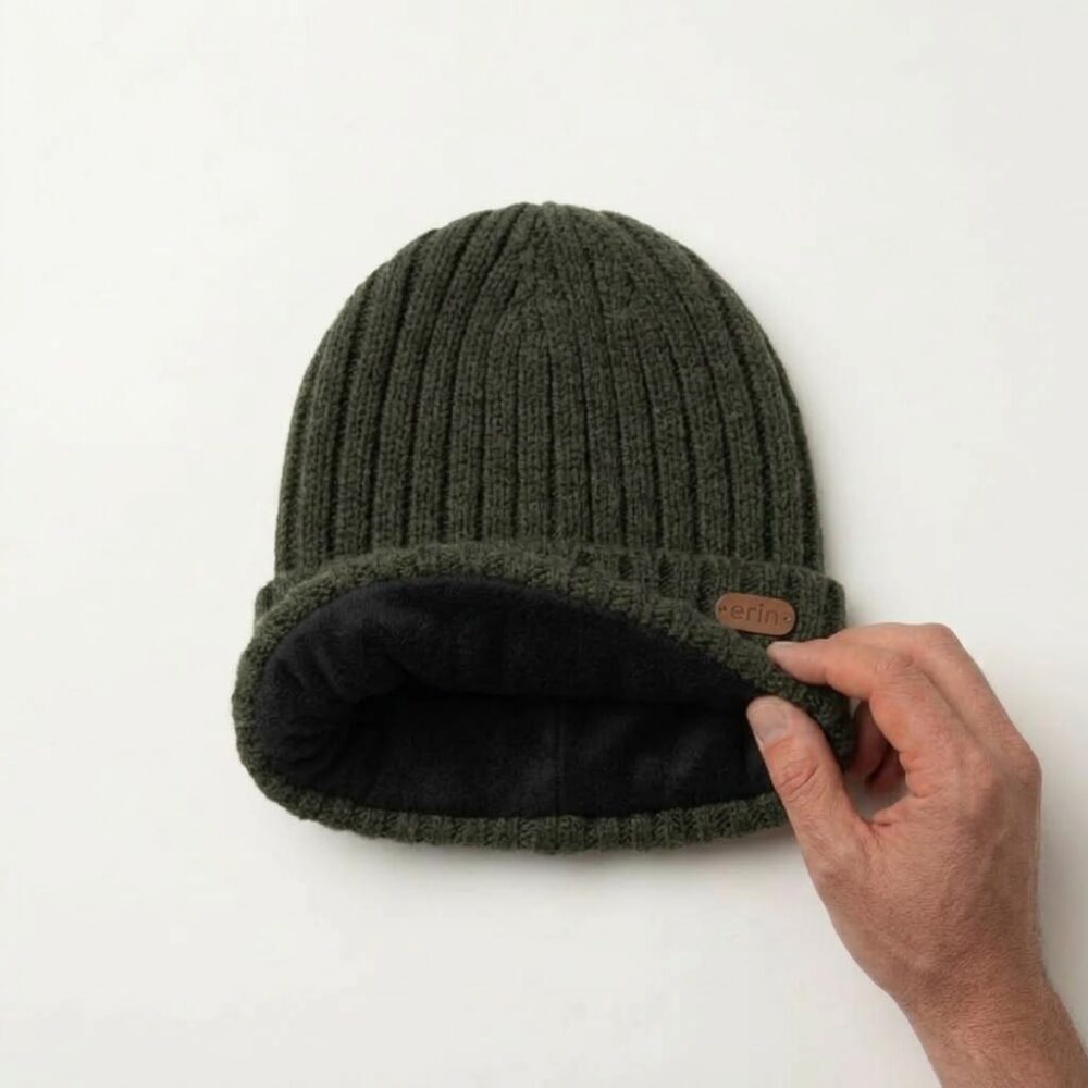 Men's Wool Turn-Up Beanie Cap - Dark Green