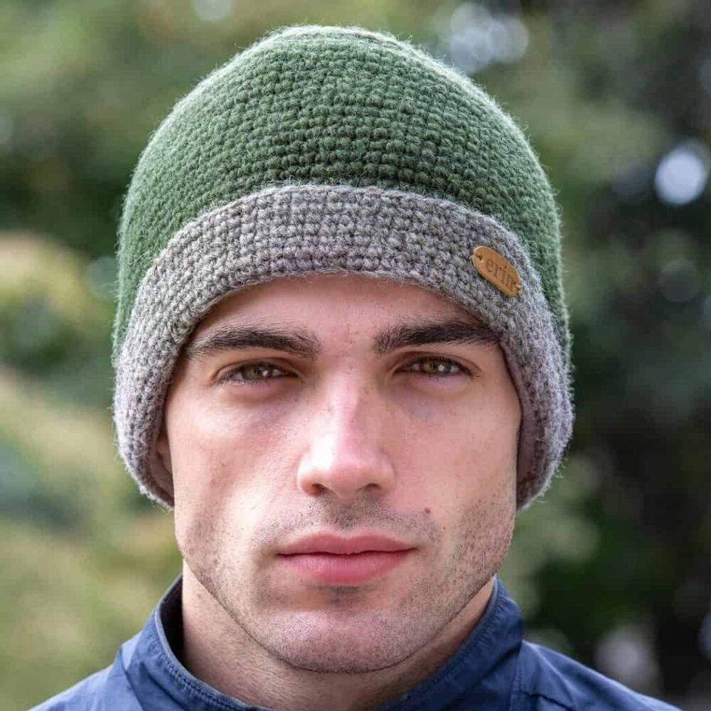 Crochet Turn-Up Beanie Cap - Green and Oatmeal