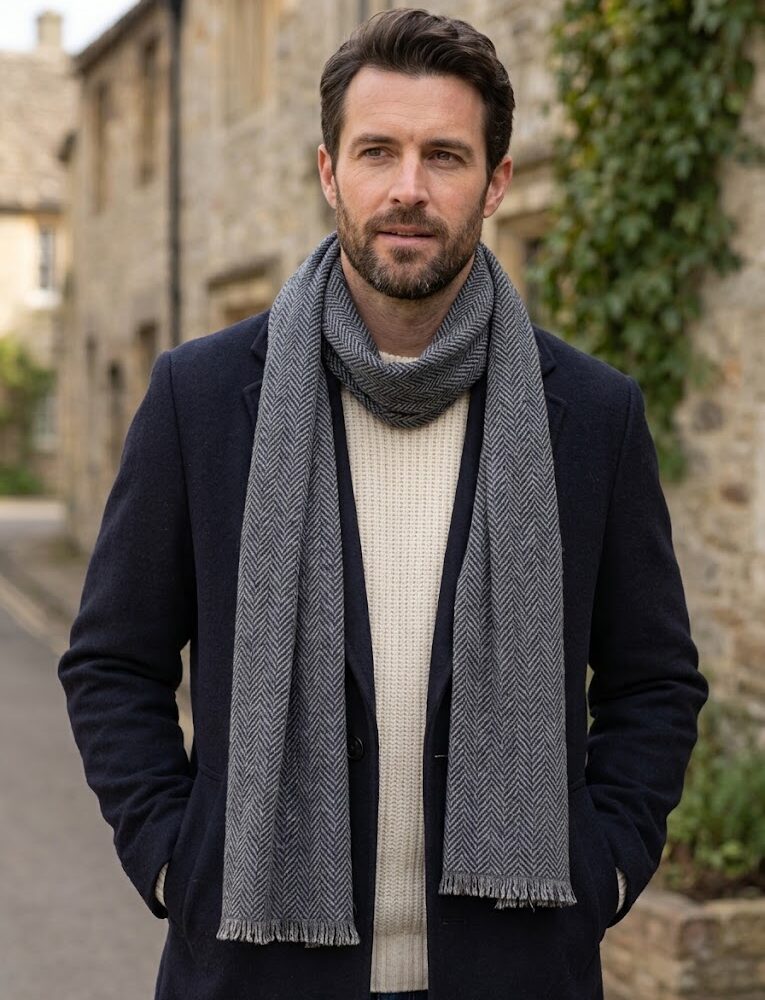 Men's Soft Donegal Tweed Scarf - Gray and Navy Herringbone