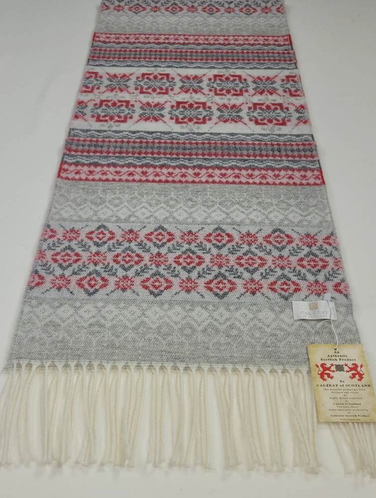 Winter Wool Scarf, Fair Isle Style - Light Gray, Red