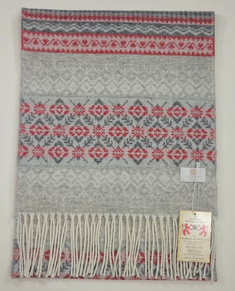 Winter Wool Scarf, Fair Isle Style - Light Gray, Red