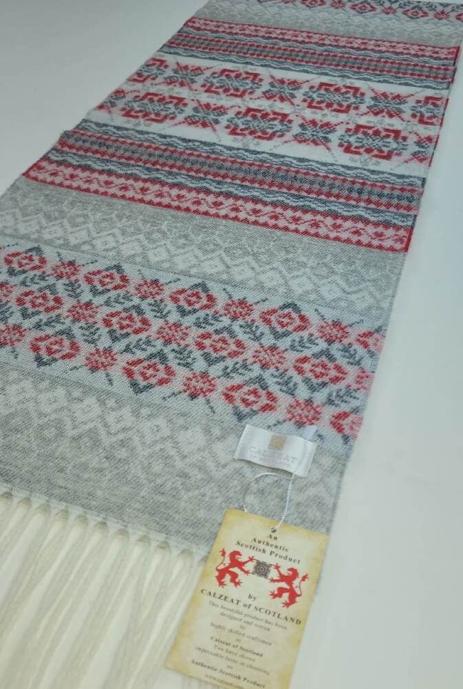 Winter Wool Scarf, Fair Isle Style - Light Gray, Red