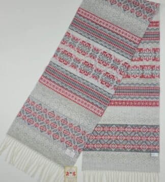 Winter Wool Scarf, Fair Isle Style - Light Gray, Red