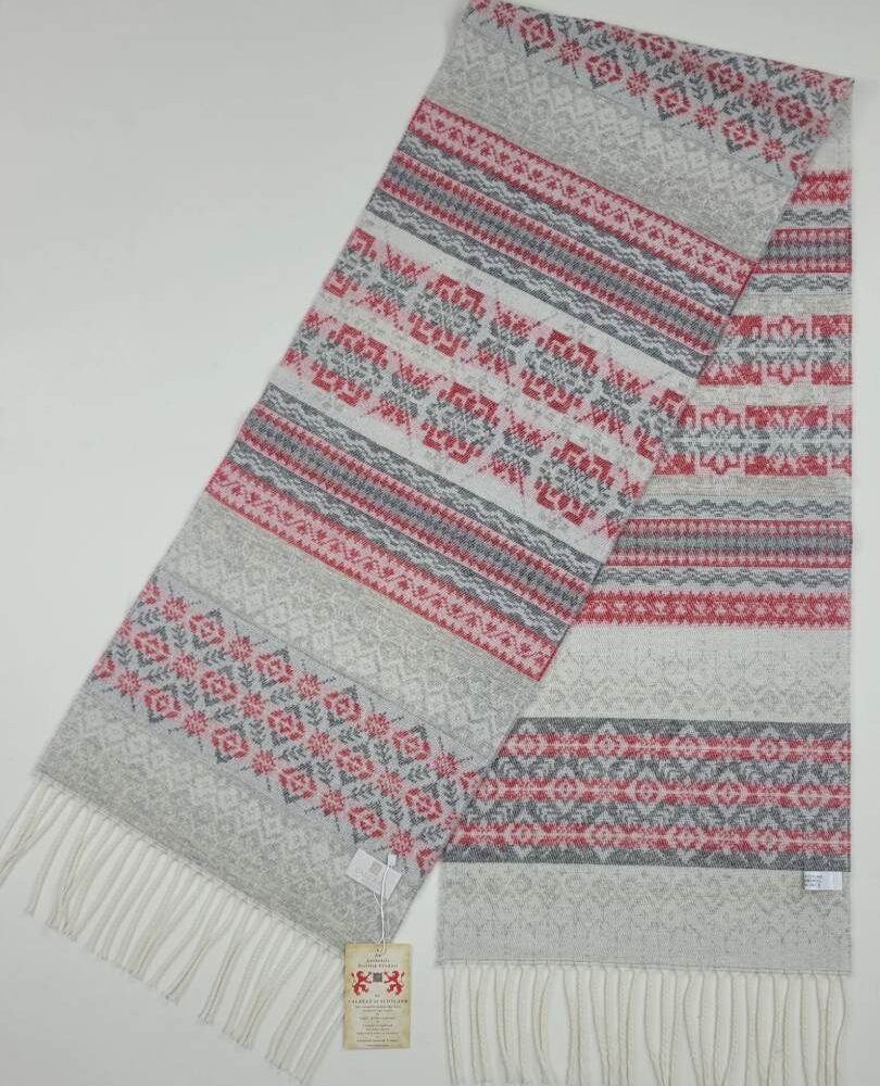 Winter Wool Scarf, Fair Isle Style - Light Gray, Red