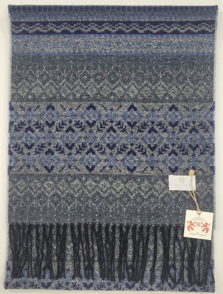 Irish Wool Scarf, Fair Isle Style - Blue