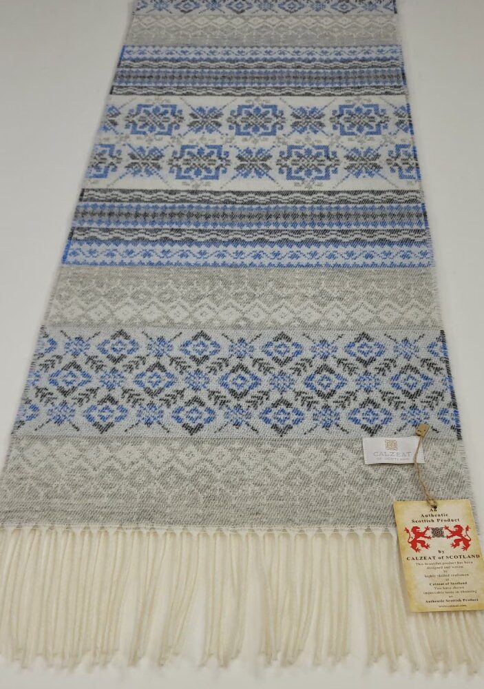 Fringed Lambswool Scarf , Fair Isle Style - Light Gray, Blue