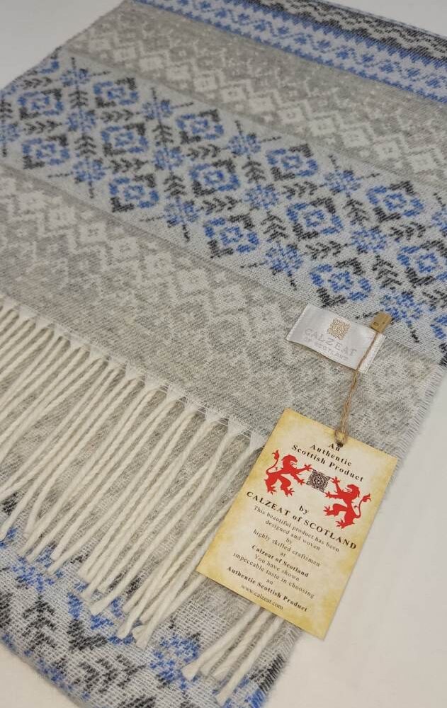 Fringed Lambswool Scarf , Fair Isle Style - Light Gray, Blue