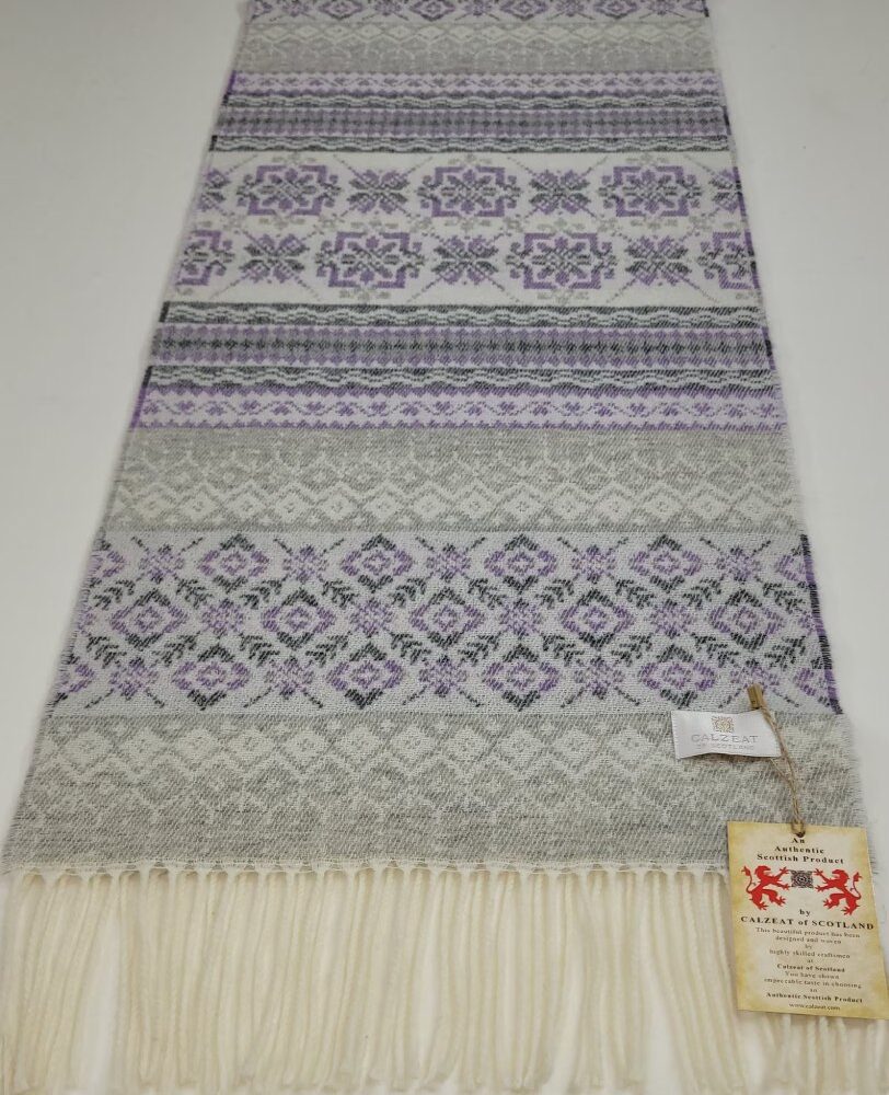 Ladies Scottish Wool Winter Scarf, Fair Isle Style - Light Gray, Purple
