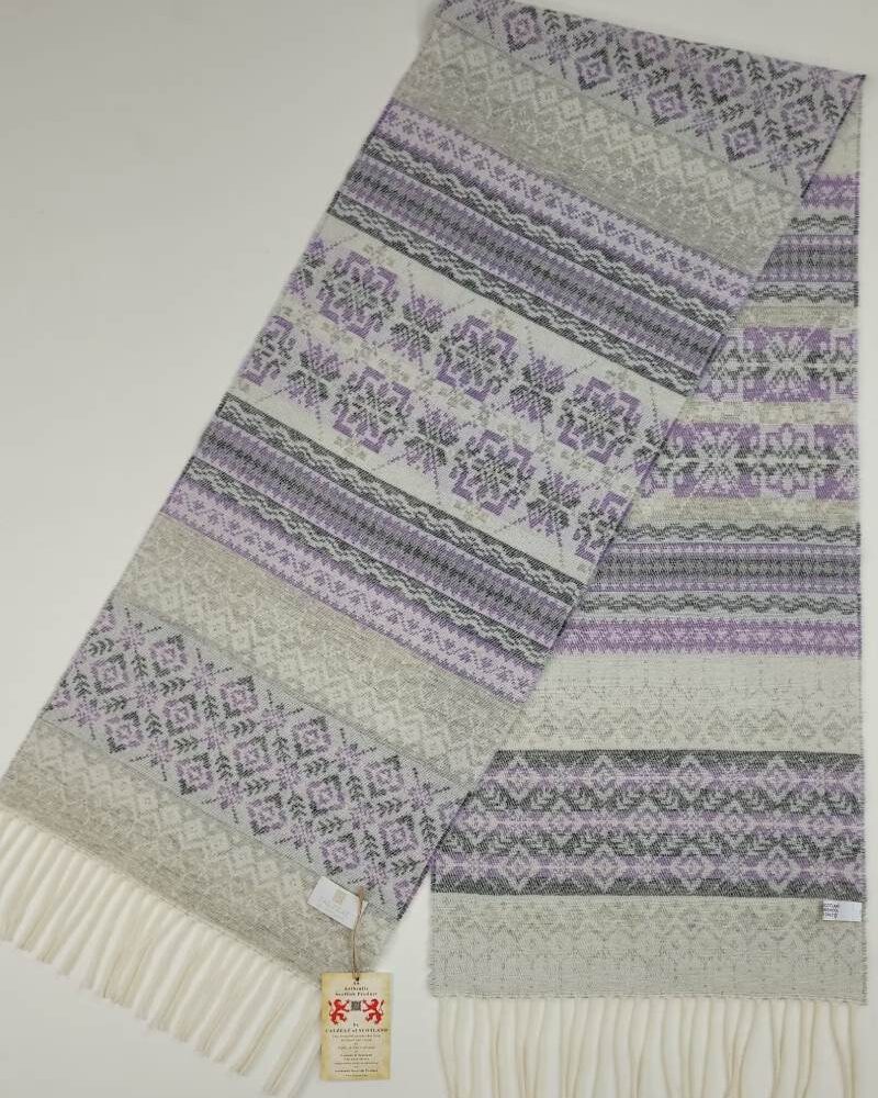 Ladies Scottish Wool Winter Scarf, Fair Isle Style - Light Gray, Purple