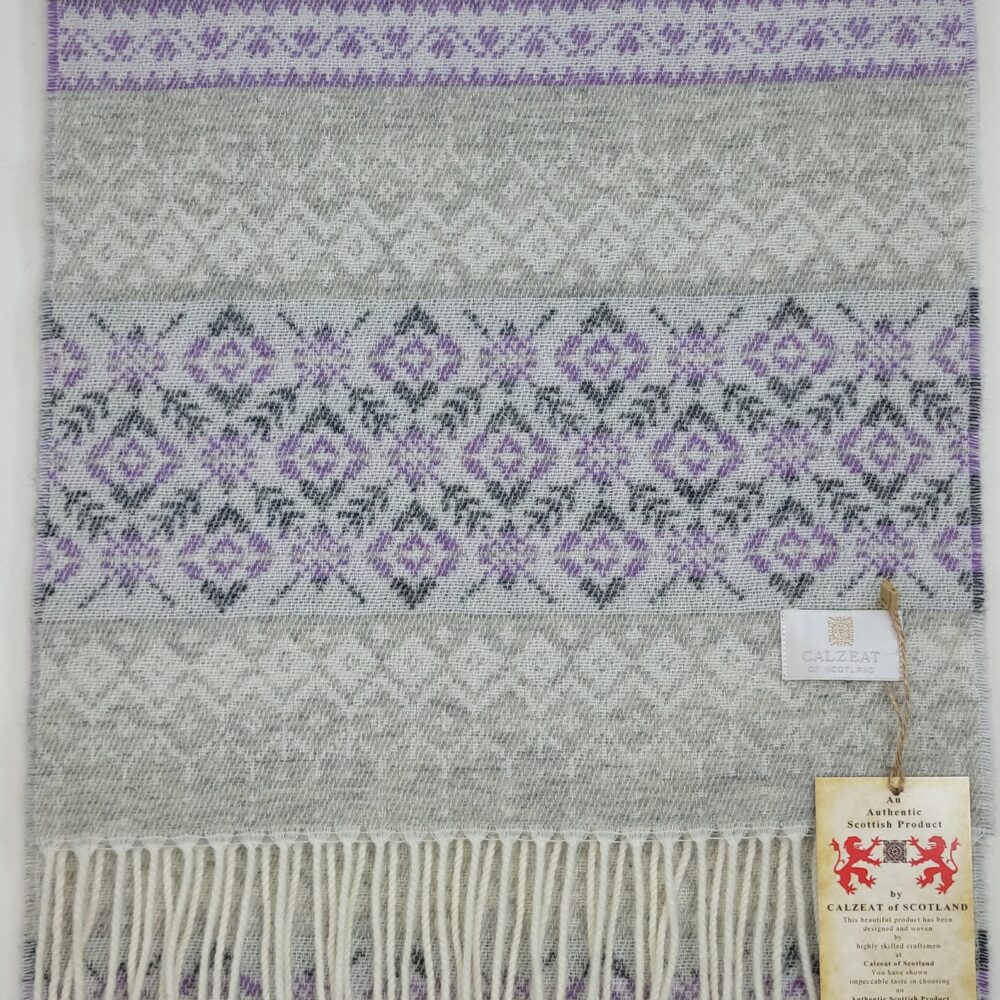Ladies Scottish Wool Winter Scarf, Fair Isle Style - Light Gray, Purple