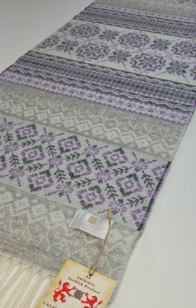 Ladies Scottish Wool Winter Scarf, Fair Isle Style - Light Gray, Purple