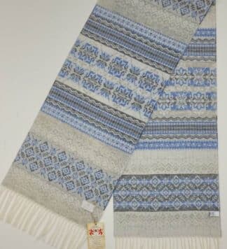 Fringed Lambswool Scarf , Fair Isle Style - Light Gray, Blue