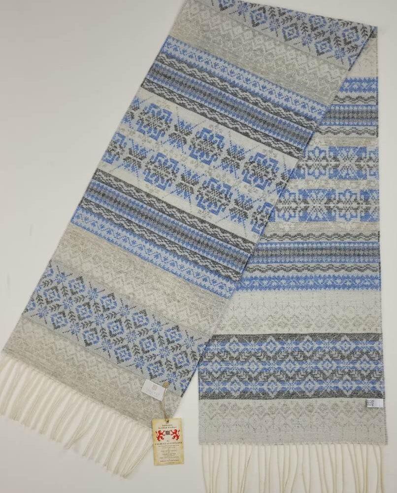 Fringed Lambswool Scarf , Fair Isle Style - Light Gray, Blue