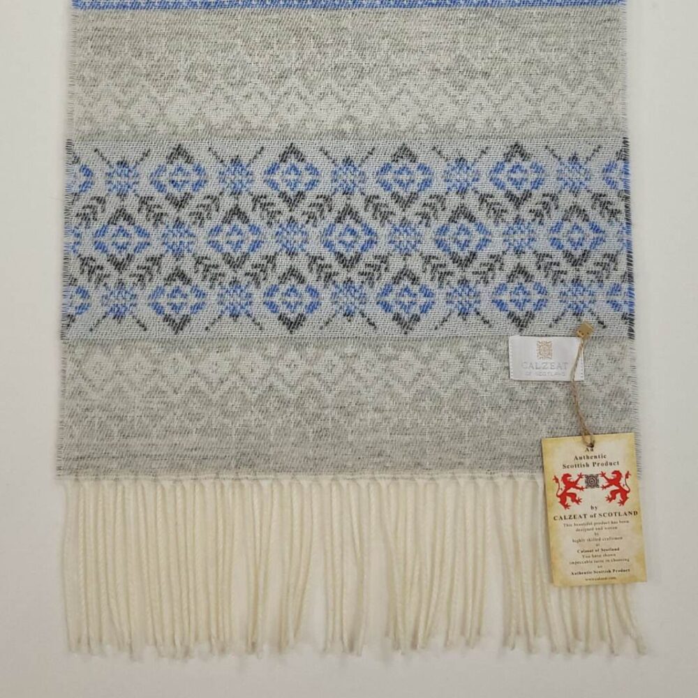 Fringed Lambswool Scarf , Fair Isle Style - Light Gray, Blue