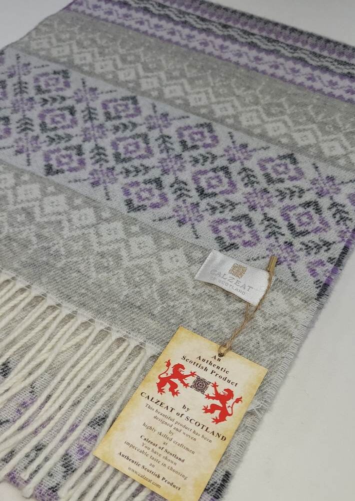 Ladies Scottish Wool Winter Scarf, Fair Isle Style - Light Gray, Purple